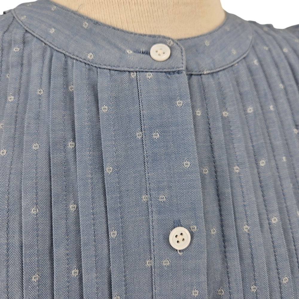 JOIE Shirt Blue Polka Dot Pleated Ruffle Short Sleeve Button Up Top Blouse Small - Picture 4 of 7